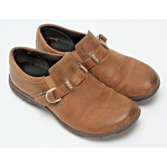 Merrell Shoes - Merrell Mules Women’s Size 9 Brown Leather Clogs Buckle Heel Slip On Casual